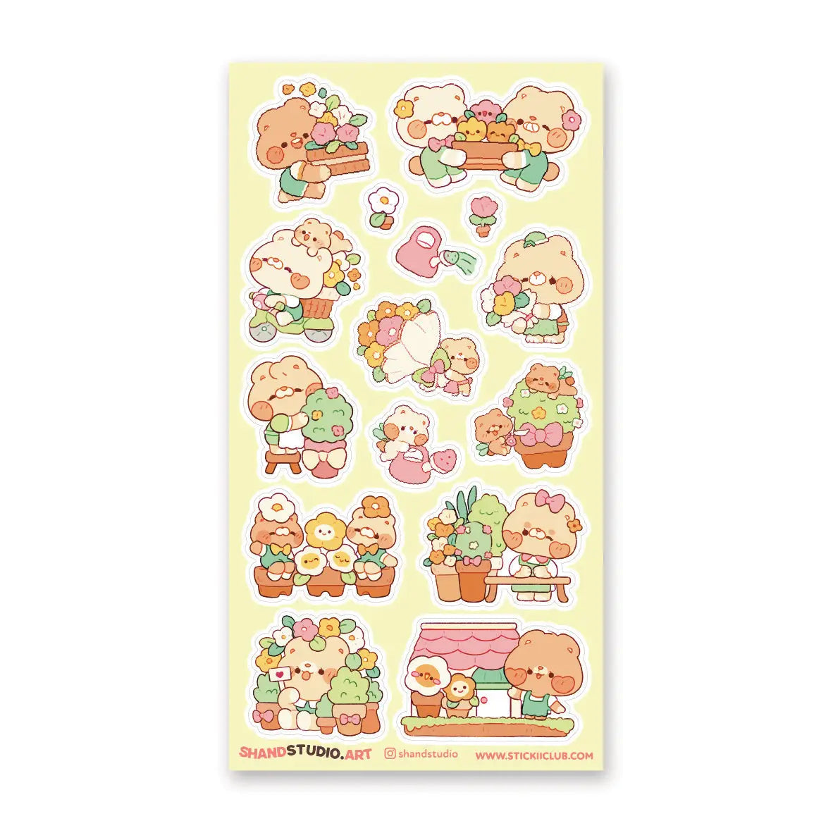 🐻💐 Step into @shandstudio’s blooming bear garden, where flower-loving friends spend their days planting seeds, watering blossoms, and sharing the prettiest petals around! From building cheerful bouquets to caring for potted plants and spreading joy one bloom at a time, this sheet will fill your pages with nonstop sunshine and smiles!
Art by: @shandstudio
Top Coating: None
Adhesive Layer: Paper
Backing Layer: Clear PET
6.69" x 3.54".
Weight - 0.03lbs.
1 sheet included