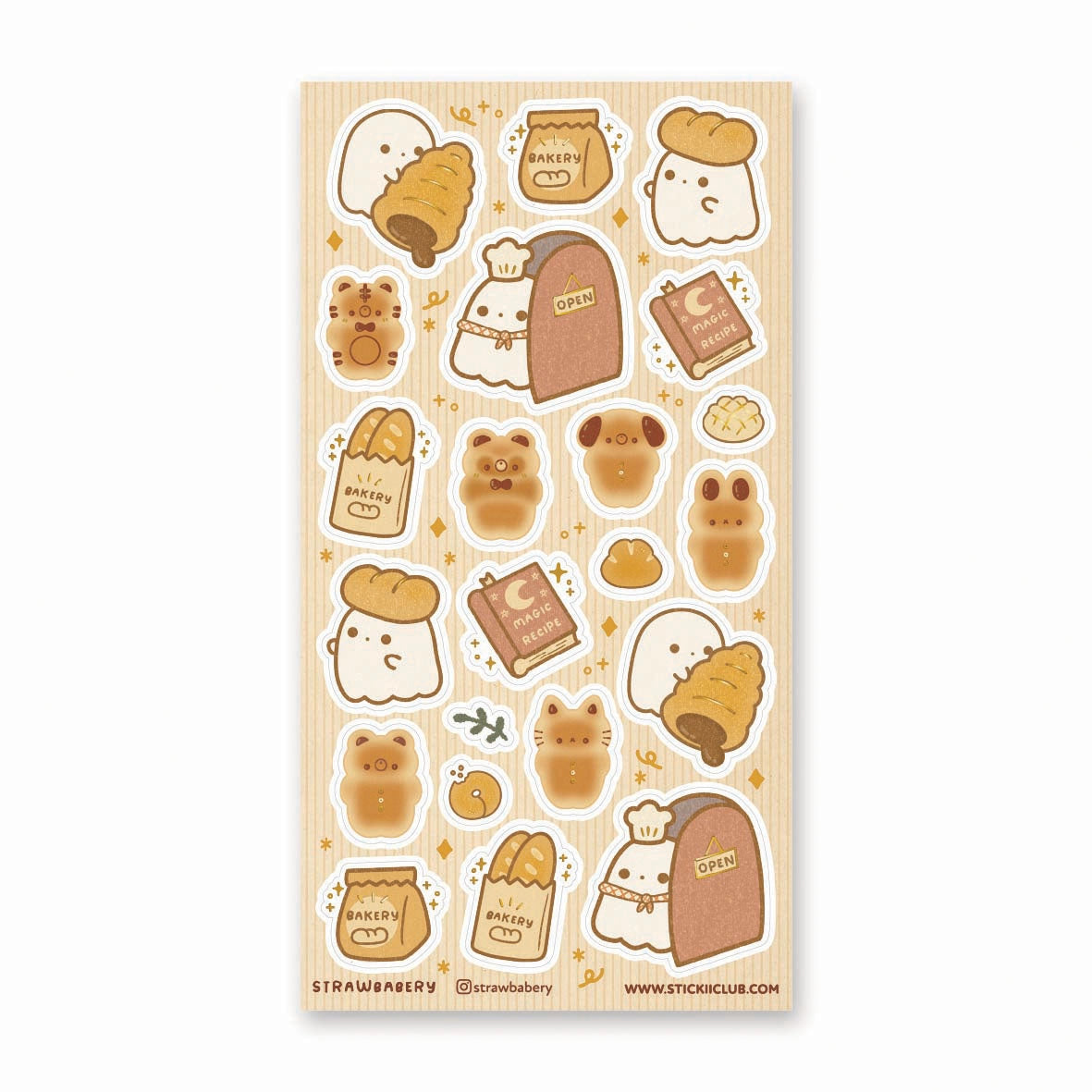 🥐👻 Boo-tiful breads, fresh from the oven! This adorable sheet by @strawbabery whisks you into a ghost-run bakery where the flour is magical and the buns are unbearably cute. From bear-shaped loaves and bunny rolls to bakery bags stuffed with golden baguettes, this set will add just the right dash of sweet and spooky to your day.
Art by: @strawbabery
Top Coating: None
Adhesive Layer: PVC (plastic)
Backing Layer: Clear PET
6.69" x 3.54".
Weight - 0.03lbs.
1 sheet included 