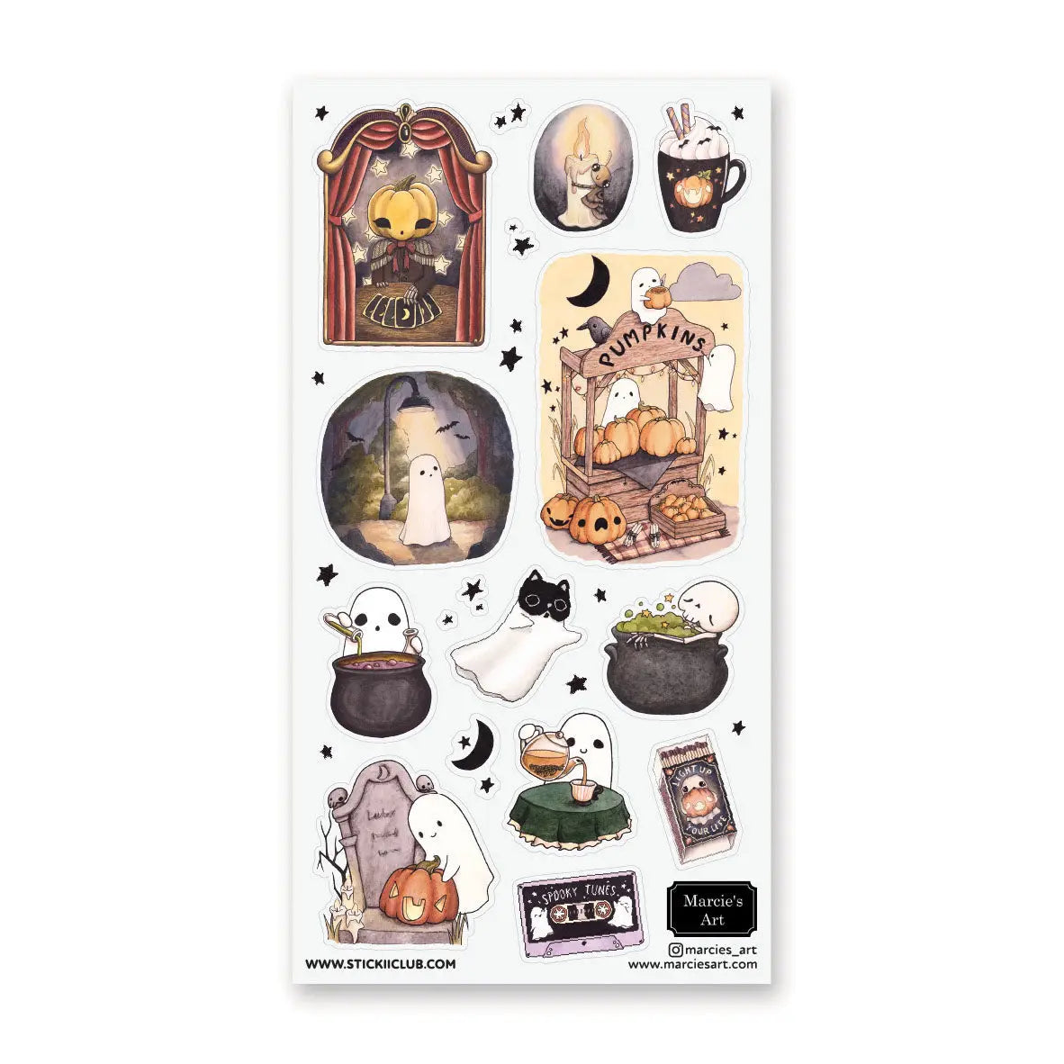 🕯️🎃 Cozy up with the gentle ghosts of @marcies_art! From candlelit strolls and pumpkin patch visits to bubbling cauldrons, warm drinks, and moonlit markets, this charming crew proves that spooky season can be equal parts spooky and heartwarming. With storybook vibes, glowing lanterns, and the sweetest little specters, this sheet feels like a quiet autumn night wrapped in magic.
Art by: @marcies_art
Top Coating: None
Adhesive Layer: Paper
Backing Layer: Clear PET
6.69" x 3.54".