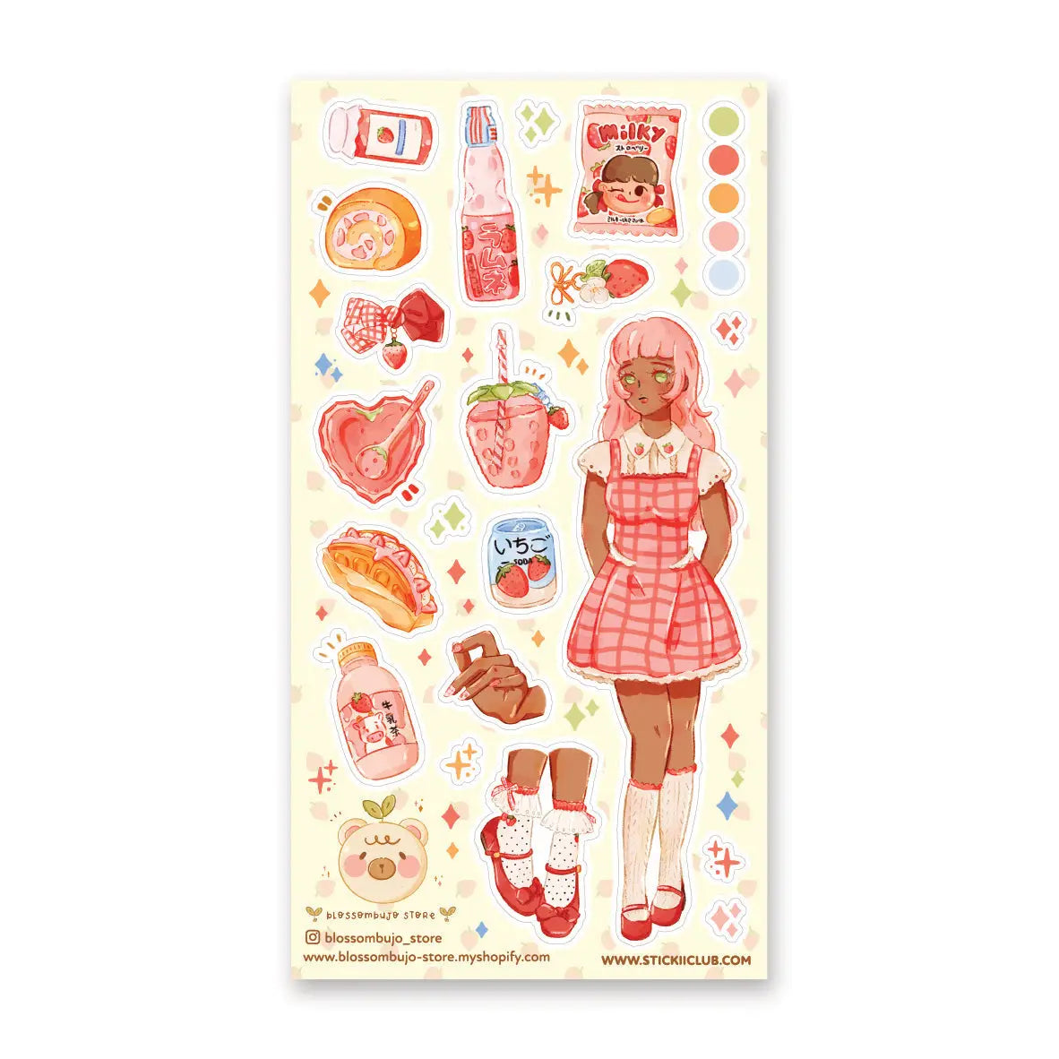 STICKII - Ichigo Style Sticker Sheet
🎀🍓 Serving full strawberry style, this stylish trendsetter by @blossombujo_store is rocking her berry best look, from her gingham dress to the tiniest fruity details. She’s clearly living her ultimate strawberry-loving life! If you enjoy living life on the sweet side, you’ll love this berrylicious sheet. Art by: @blossombujo_store
Top Coating: None
Adhesive Layer: Paper
Backing Layer: Paper
6.69" x 3.54".
Weight - 0.03lbs.
1 sheet included 