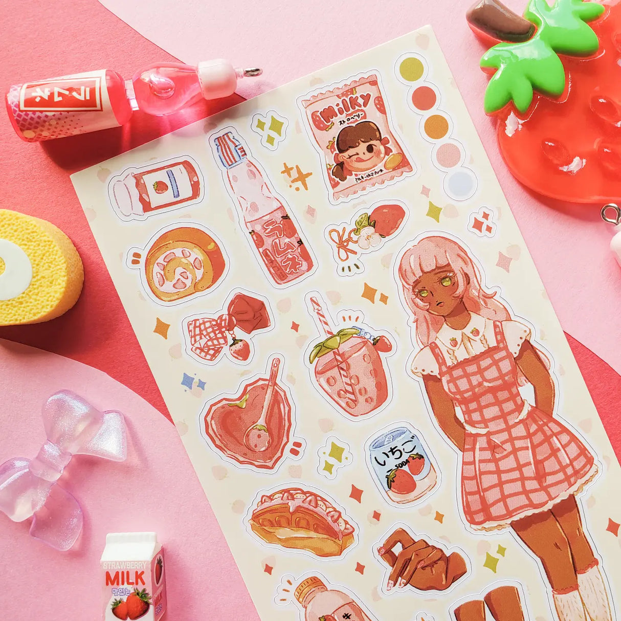 STICKII - Ichigo Style Sticker Sheet
🎀🍓 Serving full strawberry style, this stylish trendsetter by @blossombujo_store is rocking her berry best look, from her gingham dress to the tiniest fruity details. She’s clearly living her ultimate strawberry-loving life! If you enjoy living life on the sweet side, you’ll love this berrylicious sheet. Art by: @blossombujo_store
Top Coating: None
Adhesive Layer: Paper
Backing Layer: Paper
6.69" x 3.54".
Weight - 0.03lbs.
1 sheet included 