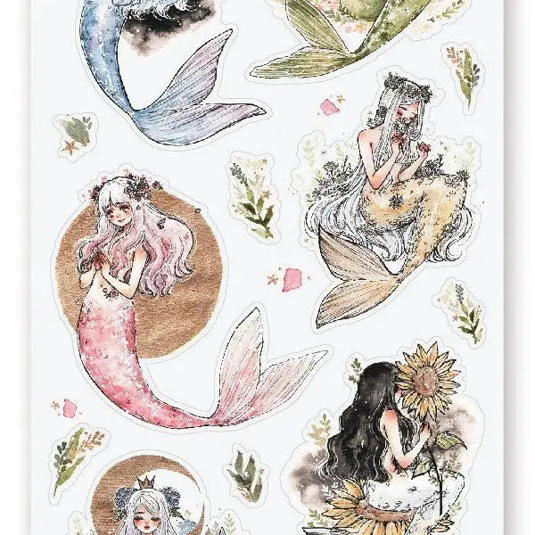Magical mermaids surrounded by pieces of nature!
Art by @cherririi
Top Coating: None
Adhesive Layer: Paper
Backing Layer: Clear PET
6.69" x 3.54".
Weight - 0.03lbs.
1 sheet included 
