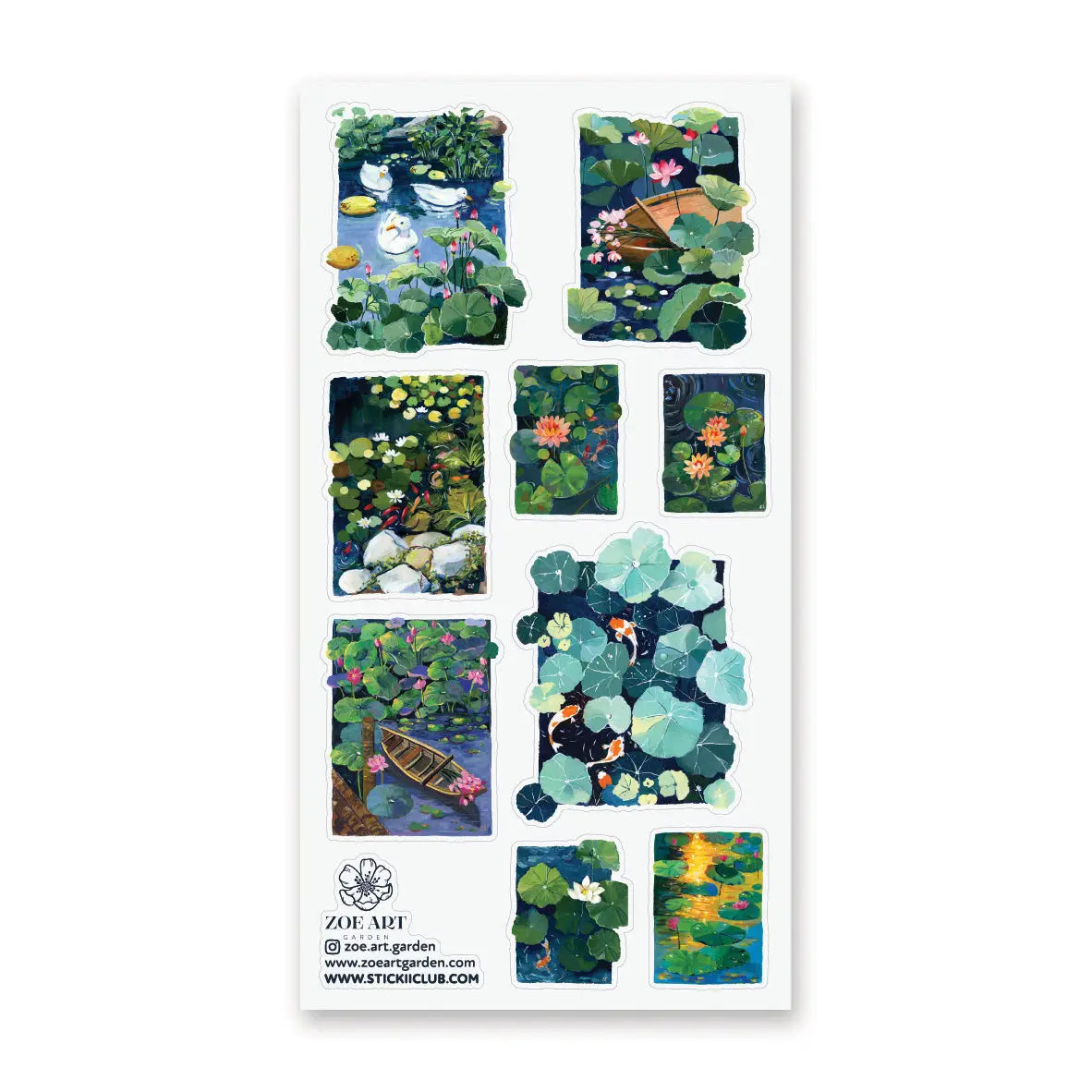 🪷🐟 Pond day? Pond day. @zoe.art.garden brings us the most peaceful little pond. Koi are swimming, ducks are floating, lotus blooms are showing off, and the lily pads are basically VIP lounges for every tiny pondside creature. This sheet is lush, splashy, and wildly dreamy, like you accidentally wandered into this jaw dropping scene and decided, actually, we live here now.
Art by: @zoe.art.garden
• One sticker sheet is included.
• Top Coating: None
• Adhesive Layer: Paper
• Backing Layer: Clear PET
• 6.6