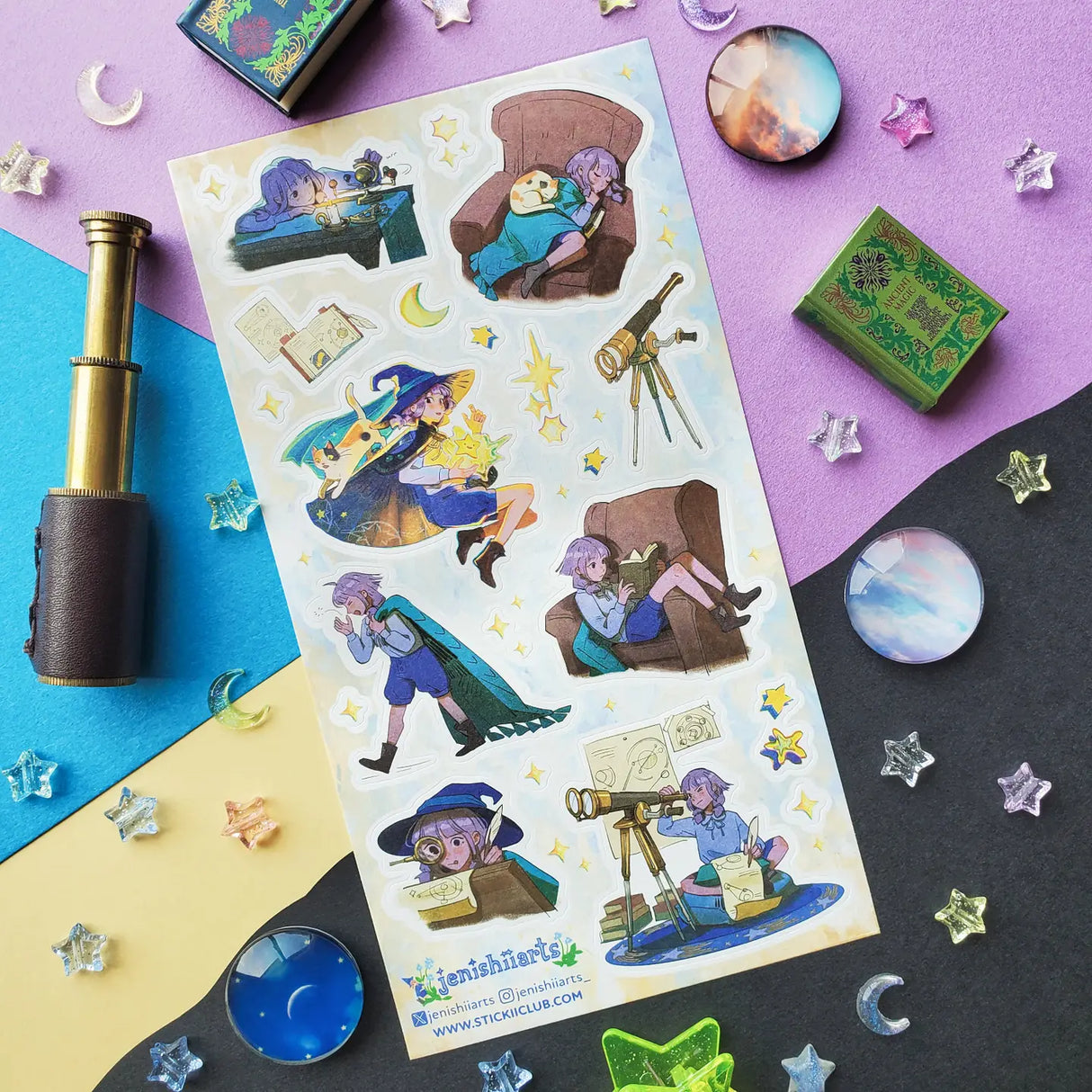 💫🔭 We gotta introduce you to Stella! @jenishiiarts_’s adventurous star-chasing witch with a mission to return fallen stars to the sky! I mean, what’s cooler than that? When she’s not busy studying the celestial lights, face buried in a book or peering through her telescope, you can find her soaring through the cosmos, hopping from star to star. Cheer her on with this amazing sticker sheet and postcard set! Art by: @jenishiiarts_
Top Coating: None
Adhesive Layer: Paper
Backing Layer: Paper
6.69" x 3.54".