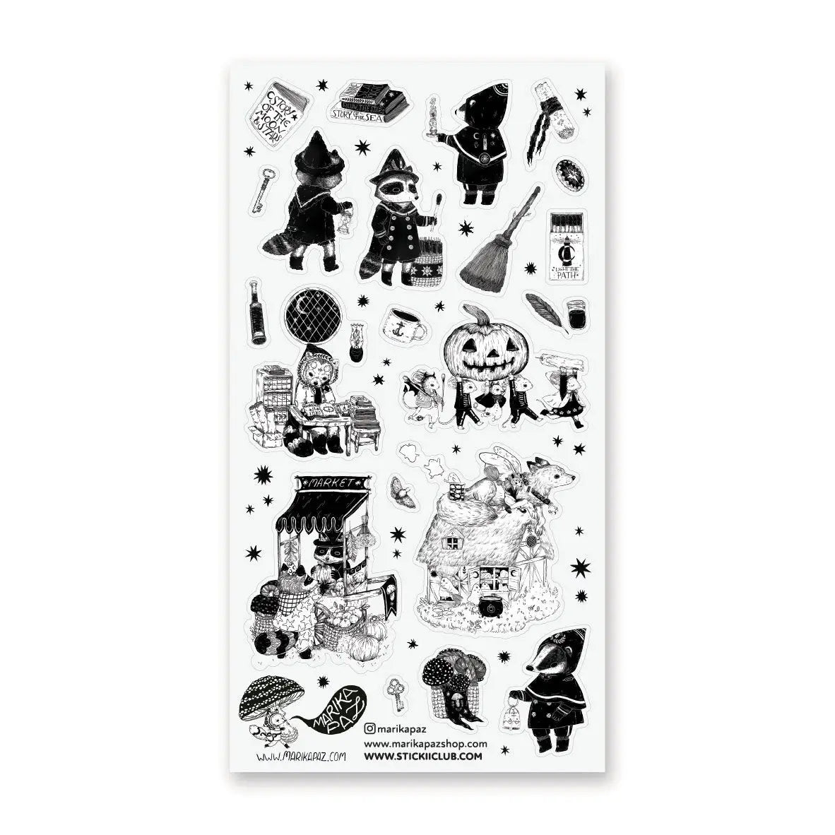 🕯️🦝 Wander into a mysterious little village where masked wanderers, pumpkin parades, potion sellers, and enchanted creatures gather beneath star-speckled skies. Filled with storybook characters, magical markets, cozy cottages, and curious nighttime rituals, this beautifully illustrated sheet by @marikapaz feels like a page pulled from a spooky fairytale. With rich vintage textures and whimsical details, every sticker invites you to explore a world where magic lingers in every shadow and wonder waits aroun