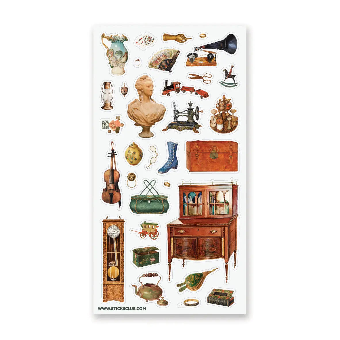 STICKII - Treasured Antiques Sticker Sheet
🕰️🧳 Brimming with timeworn treasures, this sheet feels like a quiet afternoon spent wandering through an antique shop. From ornate clocks and old sewing machines to travel trunks, violins, gramophones, and carefully kept curios, each piece captures the charm of objects with a story to tell. Perfect for adding a little old-world elegance, mystery, and nostalgia to your pages.
Top Coating: None
Adhesive Layer: Paper
Backing Layer: Paper
6.69" x 3.54".
Weight - 0.