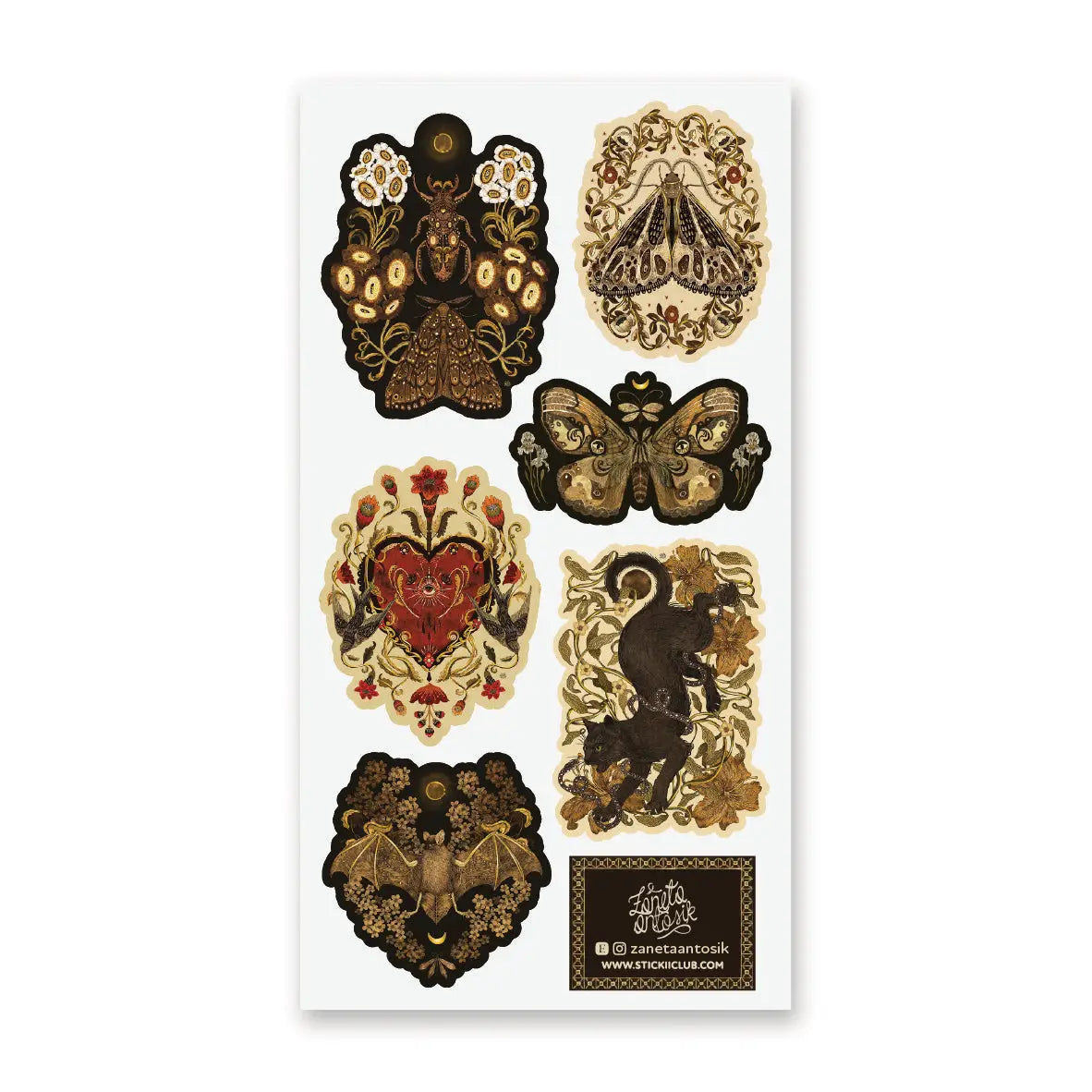 🌙🪲 In this twilight garden by @zanetaantosik, moths, beetles, and shadowy creatures bloom among ornate florals and eclipsed moons. A black cat prowls through curling vines, velvet wings unfurl, and a bat drifts silently across shadowed blossoms — each creature a guardian of this enchanted realm. Perfect for those who find wonder in the dark and poetry in the wild. Art by: @zanetaantosik
Top Coating: Gold Foil
Adhesive Layer: Paper
Backing Layer: Paper
6.69" x 3.54".
Weight - 0.03lbs.
1 sheet included &nb