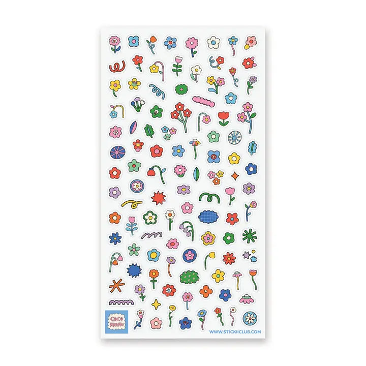 From retro daisies and funky florals to sweet little sprouts and starry blossoms, this sheet is like a pocket-sized garden you can take anywhere. Scatter them across your pages and watch your spreads bloom!
Art by @cocomomo
Top Coating: None
Adhesive Layer: PVC (plastic)
Backing Layer: Clear PET
6.69" x 3.54".
Weight - 0.03lbs.
1 sheet included