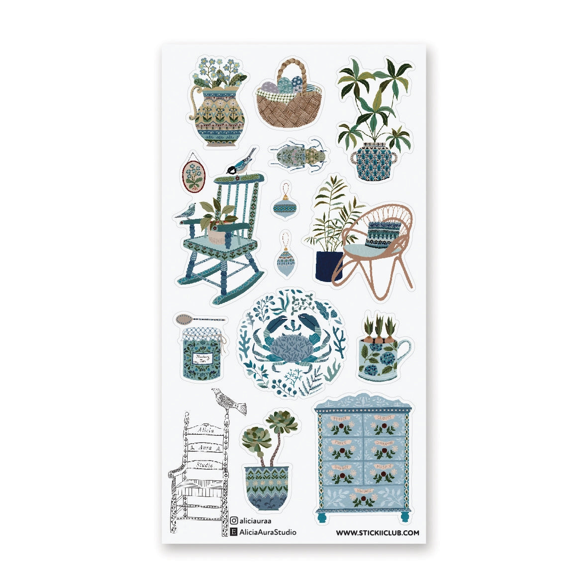 STICKII Serene Botanical Home Sticker Sheet
🪴🪑 In a quaint cottage by the sea, rocking chairs wait by sunny windows, painted pots overflow with plant life, and a spice cabinet murmurs its secrets. With gorgeous details and soft blue hues, @aliciauraa’s designs take us to a serene home where every object holds a story.