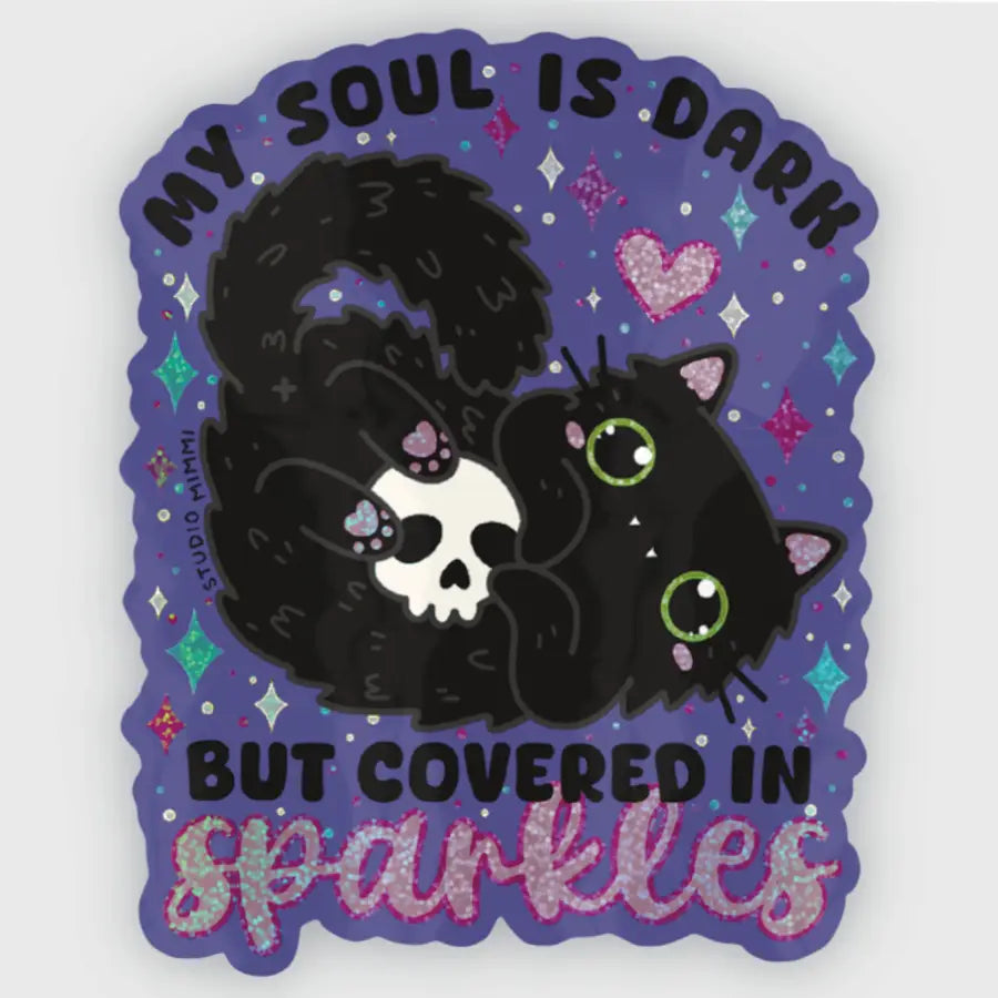 STUDIO Mimi - My Soul Is Dark But Covered in Sparkles Vinyl Sticker
I said, “my soul is dark, but covered in sparkles” to a friend and they exclaimed, “That needs to be on a sticker!” Hahaha, so here it is!
Couldn’t have a sticker design like this without a black cat and glitter holo! Even the toe beans are sparkly!
Weatherproof vinyl with glitter holographic details.
Size 2” x 3” (inches)