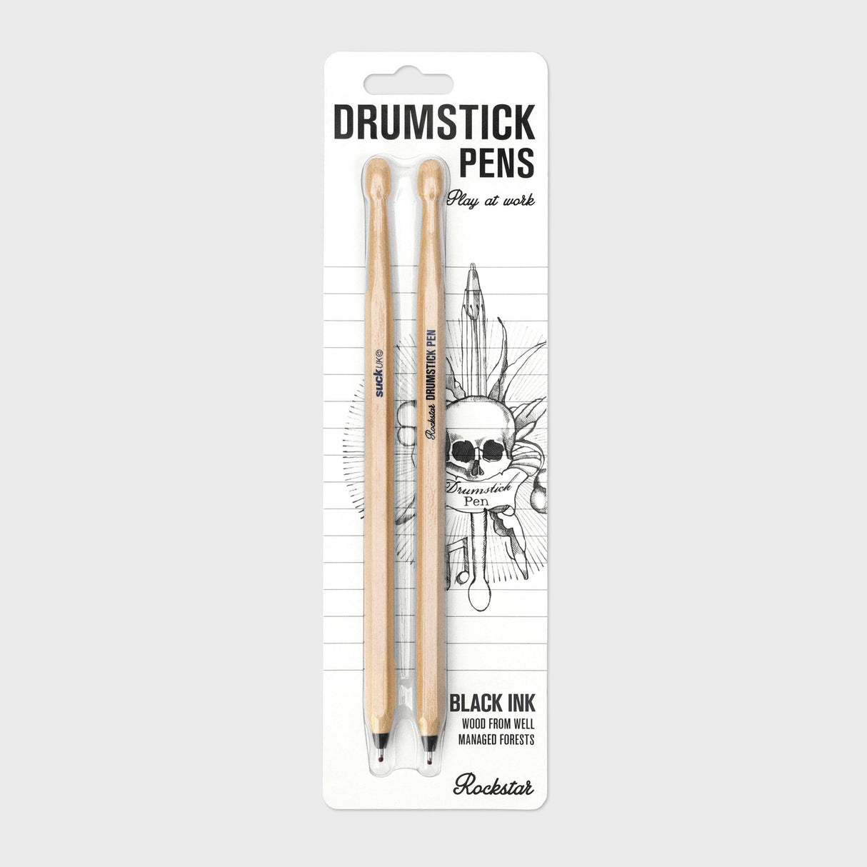 For desk drummers, restless tappers & future rock legends. A pair of drumsticks cleverly disguised as pens, ready for meetings, maths lessons or impromptu solos on the nearest tabletop. Perfect for anyone convinced they're the next Phil Collins. Practice your paradiddles, look busy at work, then get back to annoying the neighbours. Smaller than a drum kit, cheaper than a drum kit, and considerably easier to fit in a pencil case. A great gift for fidgety fingers.
Black Ink
Ballpoint pens shaped like dru