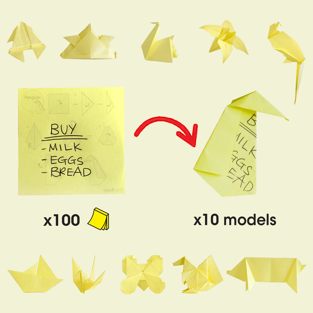 Origami Sticky Note Pad is a little something for those dull moments at the office. Recycle your old sticky notes and turn them in to fun paper origami models. Each pad has instructions for 10 different shapes, including: pig; penguin; boat; crane; butterfly; squirrel; lily and waterbomb. Recycle old notes by following the instructions on the top most clean sheet.
Pack of 100 Useful sticky Notes.
Pack of 100 Origami challenges.
10 different models to build.
Challenge yourself!