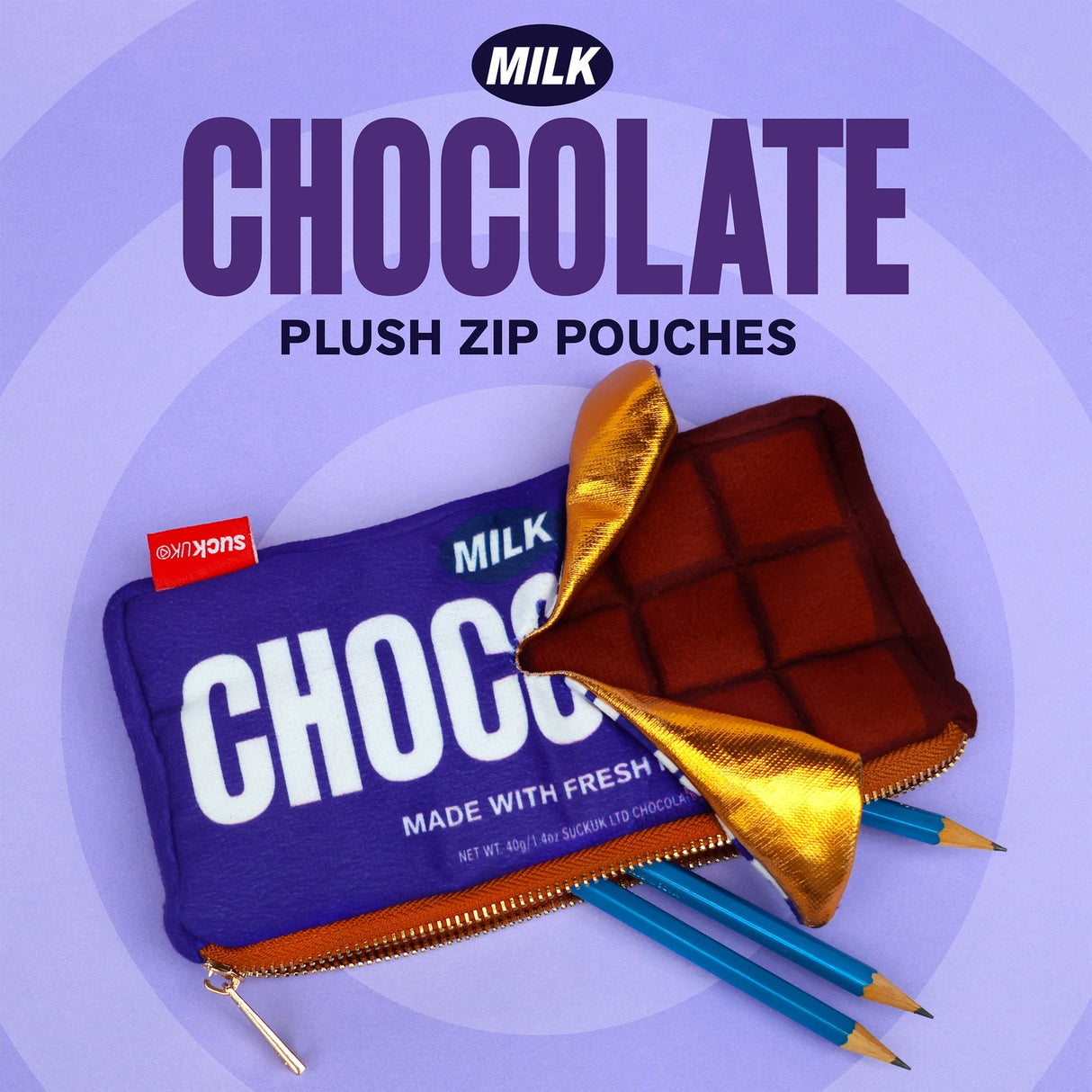 Plush chocolate bar shaped case with gold zip. Store your belongings in style by tucking them into this sweet treat. Yum!
Juicy, tasty, sweet and sour. And very cute. Stuff your stuff into something soft, and squishy. Delicious looking plush zip pouches look like foodie treats but instead of calories, they hold your everyday essentials. From cheesy slices to sickly treats, each pouch is designed to be irresistible and practical. Perfect for pens, cables, cosmetics, or whatever bits and bobs you need to sta