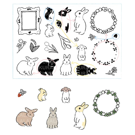 This collaboration with Moriyama, who has a wonderful shop in Ota Ward, Tokyo, and Shiko Moriyama, an illustrator who draws adorable rabbits.
"Fluffy Frames" is a clear stamp with cute frames that can be used in a notebook. Rabbit's stamps are divided into base outline stamps and coloring stamps that serve as patterns. You can stamp it in any color you like, so if you have a rabbit in your family, please try stamping it in the color of "my child"!