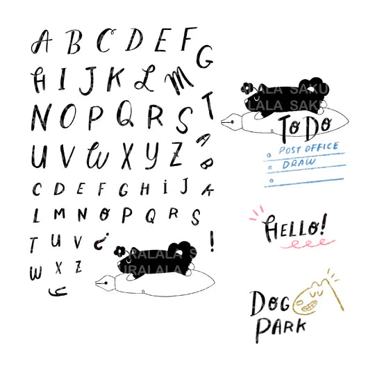 Clear stamp "Vincent's Alphabet" was created in collaboration with Paper Plant Co. The owner, Friedia, has a cute alphabet stamp with an atmospheric and gentle typeface.
This stamp set is a collaboration between Sakuralala and Paper Plant Co., a stationery store located in Los Angeles, USA. The dog that appears in the Paper Plants Co. shop logo and clear stamp is Vincent, who is also the store's mascot. These stamps are the perfect addition for your journal or planner!