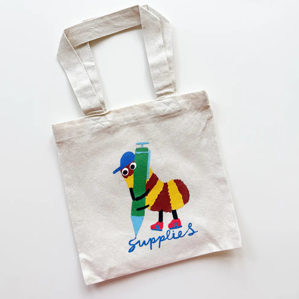 Stationery Store Day 2026
Mini tote with scribble bug by Karen Schipper, screenprinted by Lucky House Manufacturing in Salem, MA.
Bag is 8" W x 1.5" D x 8" H with a 13" handles.
Natural canvas.