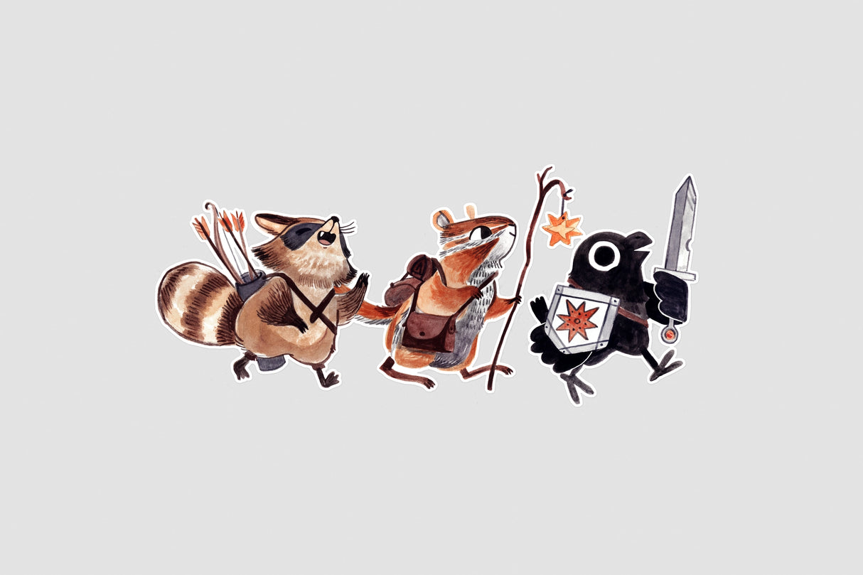 This adventuring part consists of a crow with a sword, a magic user who is a chipmunk and a rogue raccoon. But what raccoon is anything besides a rogue? They already have the mask! These three are ready for whatever dragons or dungeons they come across. D&D is one of my favorite activities and I'm having a hard time not making it my whole personality.
Vinyl and water resistant, looks great on water-bottles or notebooks or laptops. 4.25" wide
