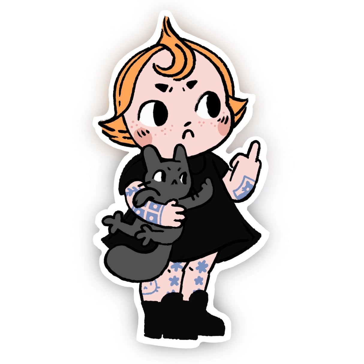 ✨ Meet the tiniest troublemaker duo — a bratty kewpie and her equally unbothered cat, both flipping the bird with zero regrets. ✨
With a deadpan stare, chubby little attitude, and a cat that clearly shares her energy, this design is pure chaotic solidarity. No sweet smiles here — just tiny hands, tiny paws, and a very clear message.
Equal parts cute and confrontational, this sticker blends classic kewpie charm with unapologetic sass. Perfect for those moments when you want your accessories to do the talking