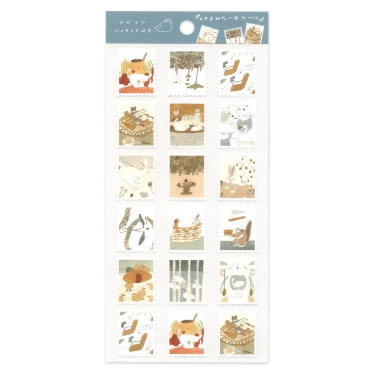 A sticker sheet with illustrations that depict everyday scenes from observing people and chuckling fantasies to add both adorable and bright touches to your journal pages ♪
This product is illustrated by Tobimatsu Sho Ichiro, who also creates illustrations for bakeries and cafés.