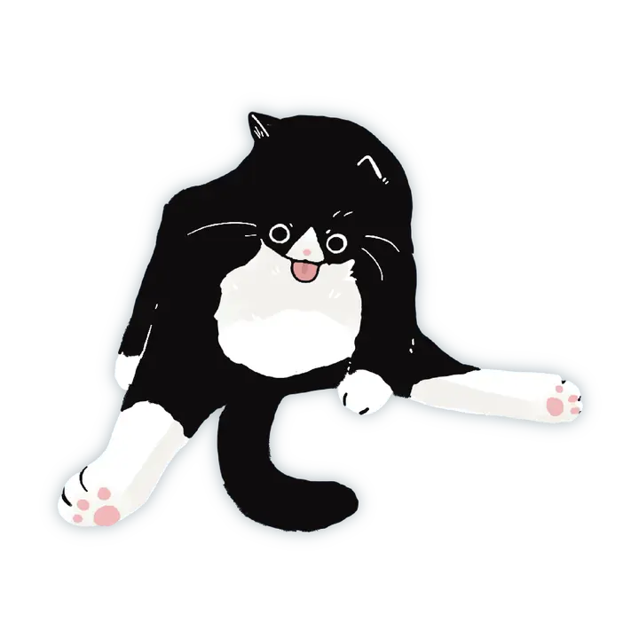 A silly tuxedo cat grooming itself.
Dishwasher safe
Size: 2.4” x 2.7”
Soft matte vinyl