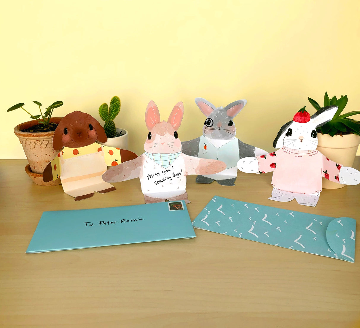 This adorable stationery lets you send your message wrapped up in a snuggly bunny hug! With folded hugging arms so the bunnies can sit up to be displayed, each of these 12 cute greeting cards and envelopes will send a big bunny snuggle to your friends and family. Perfect for hoppy occasions, springtime affections, Easter greetings, and any reason to send a long-distance hug.
VARIETY OF BUNNIES: This set includes four adorable bunny designs, appropriate for any occasion that requires a big hug, happy or sad