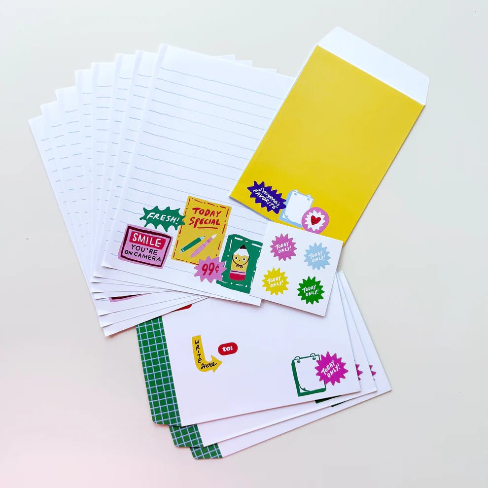 Letter writing set with a fun window signage theme by Karen Schipper.
Set includes:
8 5.82" x 8.26" writing sheets
4 illustrated envelopes
4 sticker seals