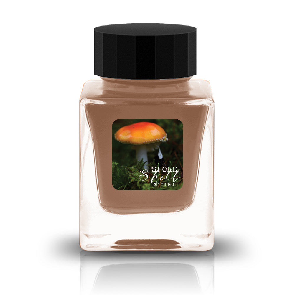 Spore Spell Shimmer transforms this woodland brew into something truly bewitching. Soft mushroom browns and mossy olive undertones are illuminated by a delicate green-gold shimmer that glimmers like morning dew on a forest floor. The result is an enchanting ink that feels equal parts earthy and magical, revealing hidden sparks of light among its shadowy depths.