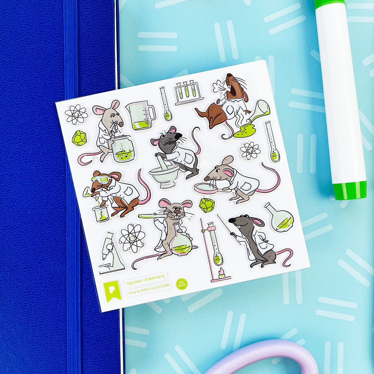 PipStickers are the PERFECT gift for the sticker lover in your life - even if it's you! These unique PVC designs with holographic silver foil accents come on a clear backing and cannot be found anywhere else.
Includes one 4" x 4" sheet of Squeaky Scientists PipStickers and includes the Pipsticks manifesto.