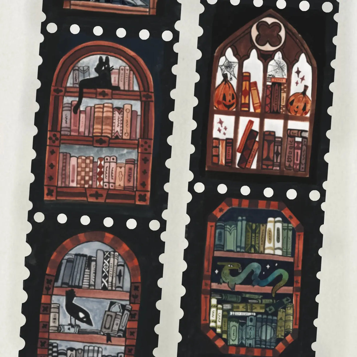Hand-Painted by Shelley Couvillion | 2025
Add a touch of vintage charm and literary elegance to your stationery collection with this beautifully hand-painted washi tape. Featuring intricate illustrations of cozy, stacked bookshelves, this tape perfectly captures the essence of witchy dark academia. Each delicate brushstroke was created by artist Shelley Couvillion in 2025, making this a unique and timeless piece for your journaling or crafting projects and perfect for that bookish goth in your life.
Measu