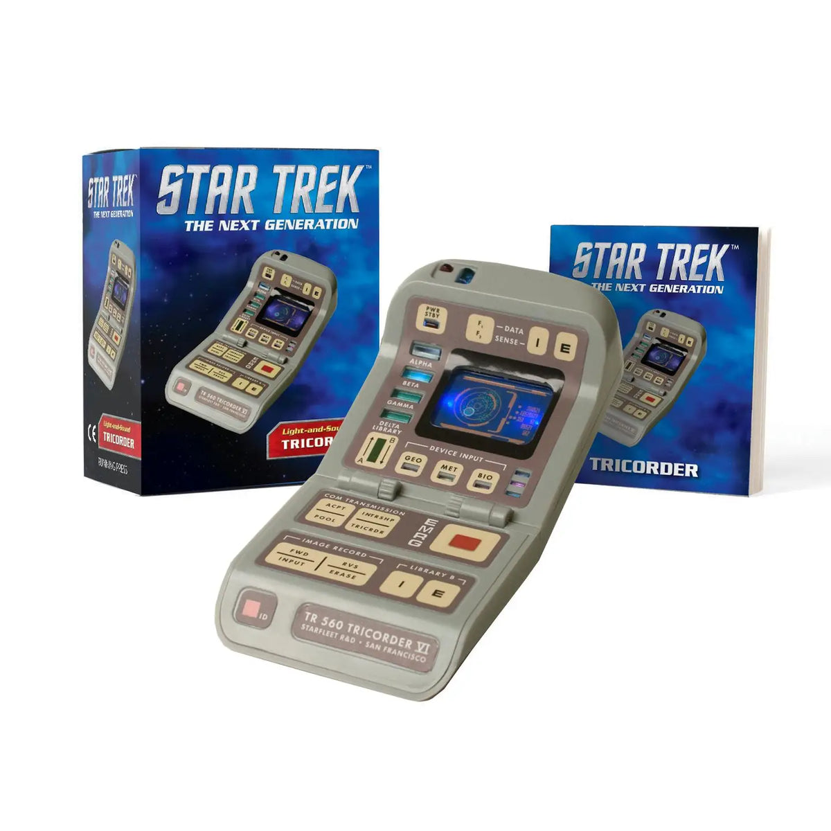 Star Trek fans and collectors will love this one-of-a-kind, mini-size collectible tricorder with light and sound.
The tricorder is a multifunction handheld device used for sensor scanning and data analysis.
Kit includes:
• Light-up tricorder with sound
• 48-page book on the history of tricorders and full-color photos