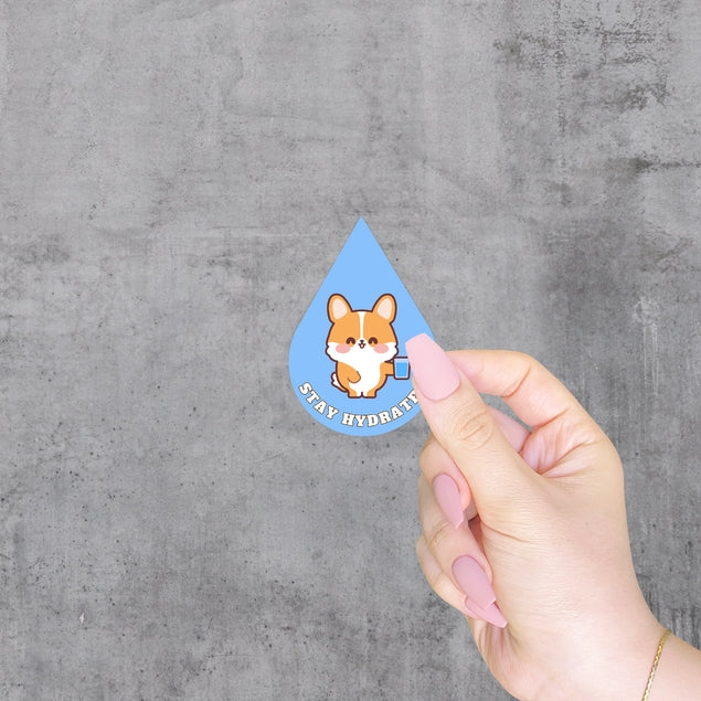 Pegatina de vinilo de Corgi que dice "Mantente hidratado"