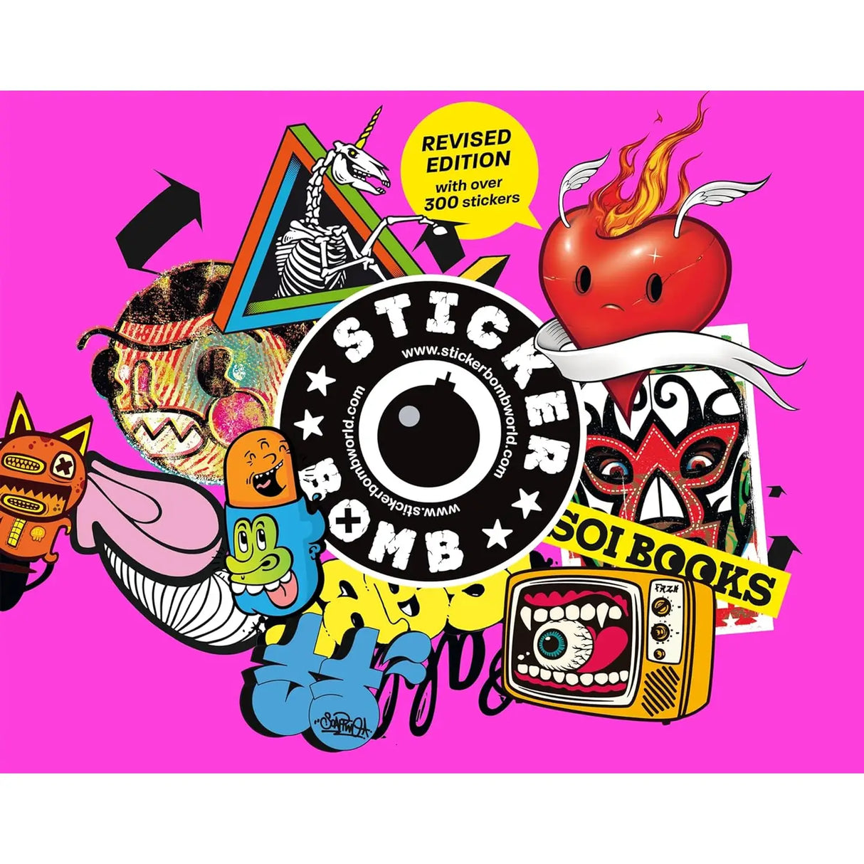 StickerBomb book cover with colorful stickers on a pink background