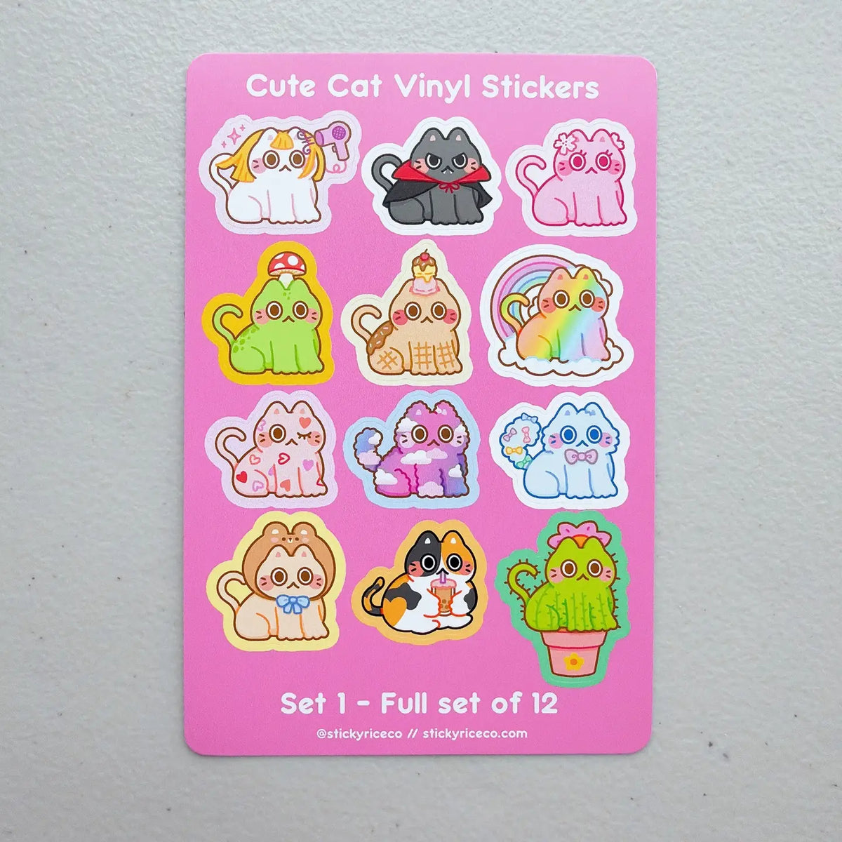 StickyRiceCo - Cute Cat Volume 1 Sticker Sheet
A highly requested item is here! All cat stickers in volumes 1-3 are now available in sticker sheet form! These 4x6 inch matte sticker sheets are waterproof, dishwasher safe, and extremely durable. Each sheet has 12 unique cat stickers! Perfect for cat lovers.
Product Details:
• Size: 4 x 6 inches
• Stickers: 12 kiss cut stickers per sheet
• Material: Matte vinyl
• Features: Waterproof, dishwasher safe, fade and scratch resistant
• Edges: Rounded edges for s