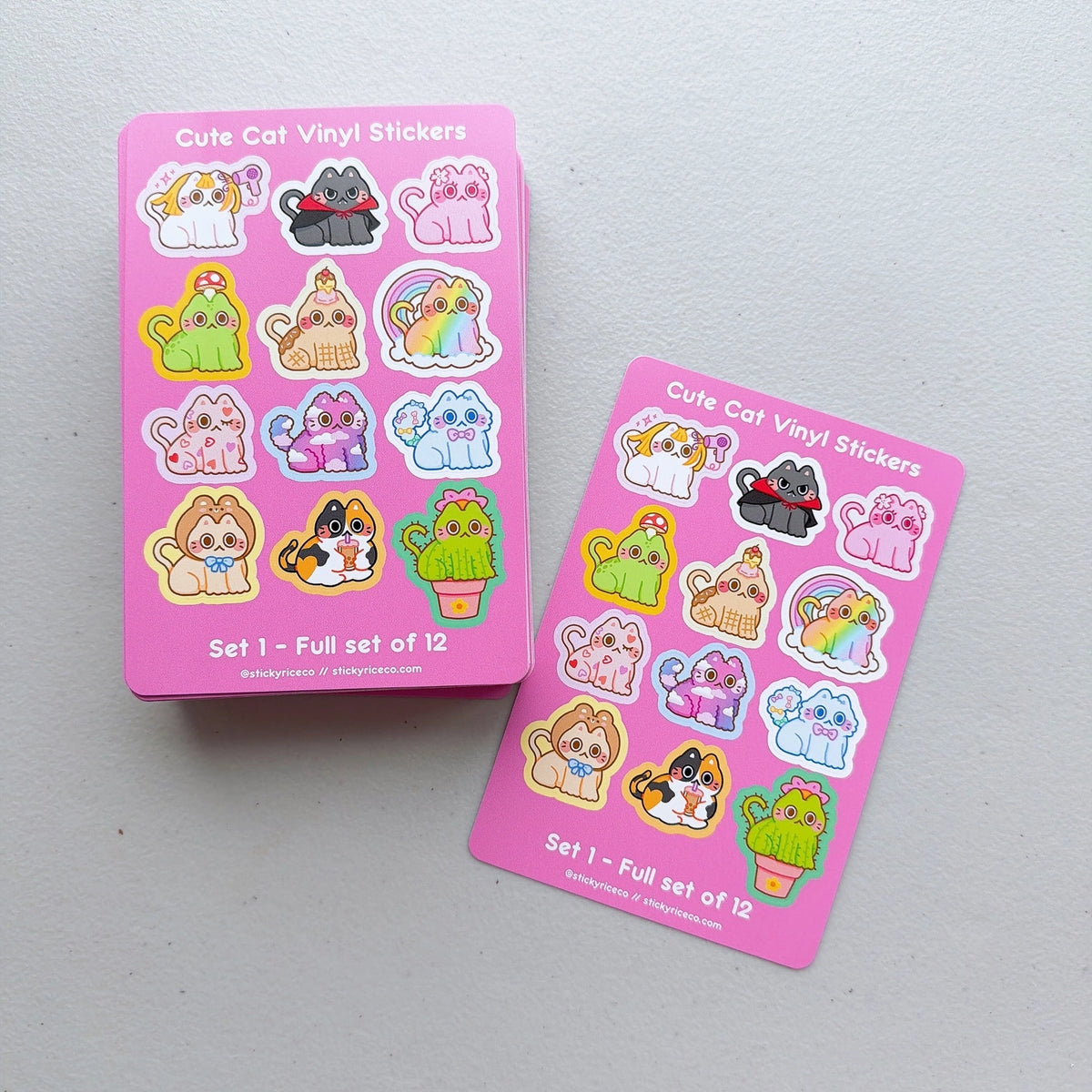 StickyRiceCo - Cute Cat Volume 1 Sticker Sheet
A highly requested item is here! All cat stickers in volumes 1-3 are now available in sticker sheet form! These 4x6 inch matte sticker sheets are waterproof, dishwasher safe, and extremely durable. Each sheet has 12 unique cat stickers! Perfect for cat lovers.
Product Details:
• Size: 4 x 6 inches
• Stickers: 12 kiss cut stickers per sheet
• Material: Matte vinyl
• Features: Waterproof, dishwasher safe, fade and scratch resistant
• Edges: Rounded edges for s
