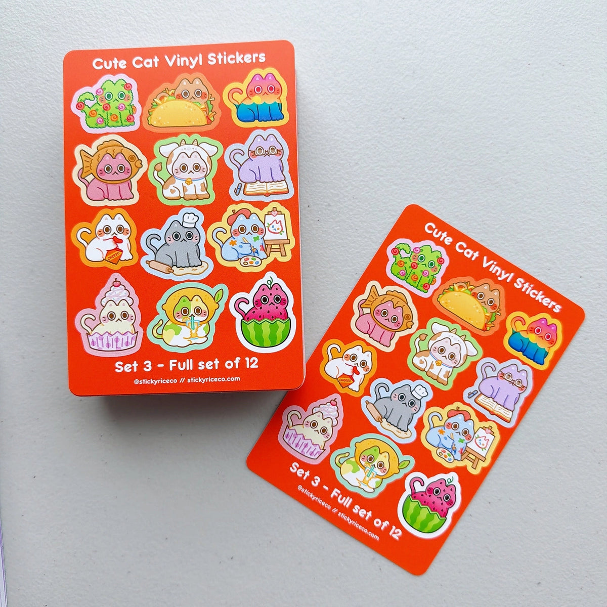 StickyRiceCo - Cute Cat Volume 3 Sticker Sheet
A highly requested item is here! All cat stickers in volumes 1-3 are now available in sticker sheet form! These 4x6 inch matte sticker sheets are waterproof, dishwasher safe, and extremely durable. Each sheet has 12 unique cat stickers! Perfect for cat lovers.
Product Details:
• Size: 4 x 6 inches
• Stickers: 12 kiss cut stickers per sheet
• Material: Matte vinyl
• Features: Waterproof, dishwasher safe, fade and scratch resistant
• Edges: Rounded edges for s