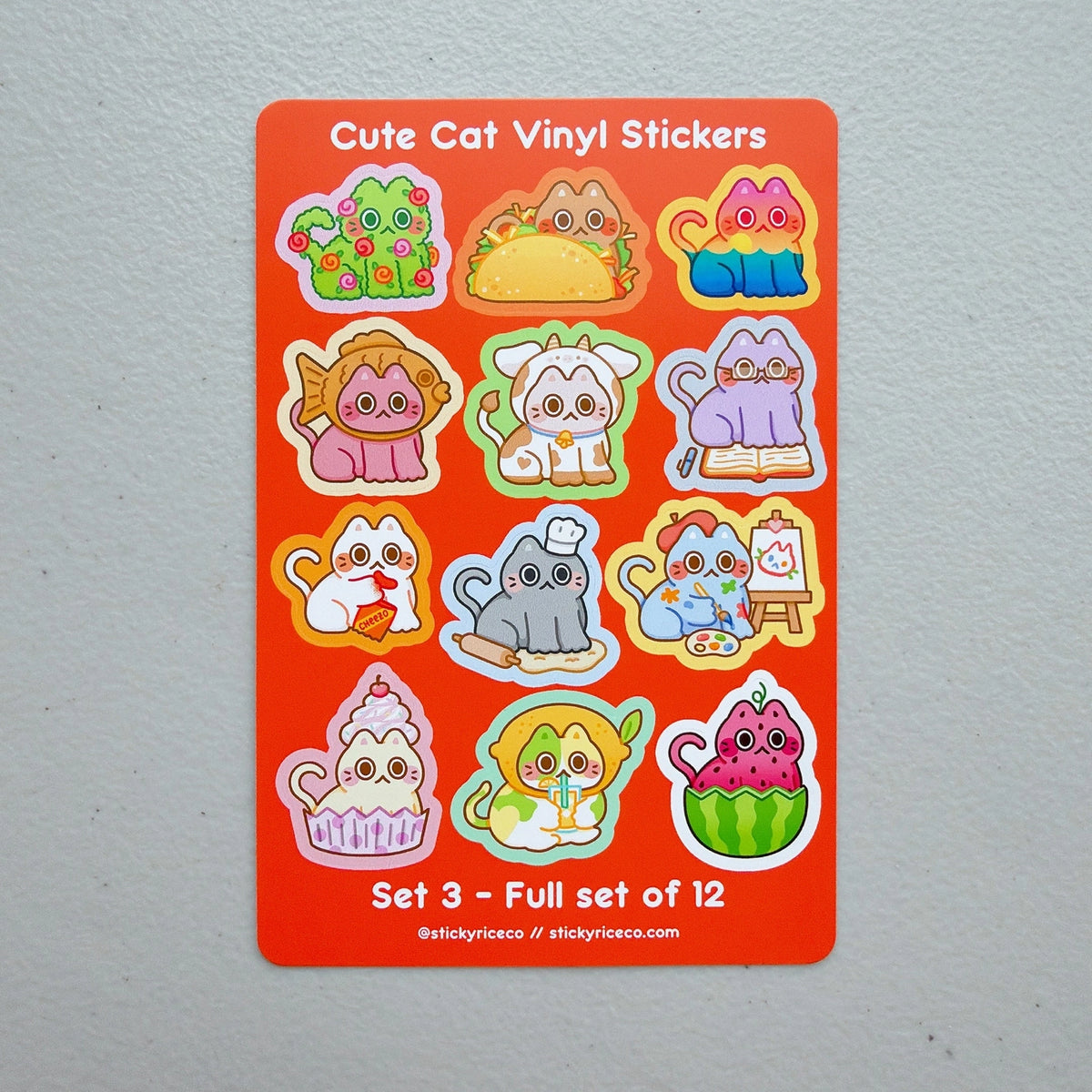 StickyRiceCo - Cute Cat Volume 3 Sticker Sheet
A highly requested item is here! All cat stickers in volumes 1-3 are now available in sticker sheet form! These 4x6 inch matte sticker sheets are waterproof, dishwasher safe, and extremely durable. Each sheet has 12 unique cat stickers! Perfect for cat lovers.
Product Details:
• Size: 4 x 6 inches
• Stickers: 12 kiss cut stickers per sheet
• Material: Matte vinyl
• Features: Waterproof, dishwasher safe, fade and scratch resistant
• Edges: Rounded edges for s