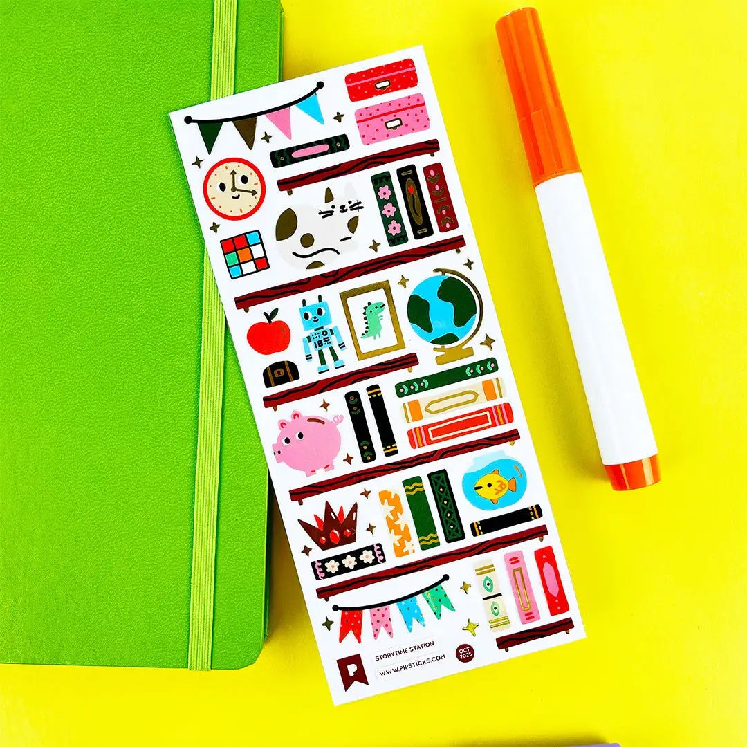 PipStickers are the PERFECT gift for the sticker lover in your life - even if it's you! These unique PVC designs with gold foil accents come on a clear backing and cannot be found anywhere else.
Includes one 3" x 7" sheet of Storytime Station PipStickers and includes the Pipsticks manifesto.