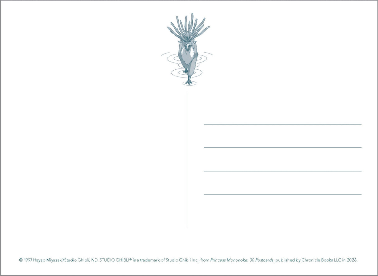 Embark on an exhilarating journey into Studio Ghibli’s historical fantasy film Princess Mononoke, the story of a cursed warrior, a young girl, and their pursuit to restore balance between humanity and nature, with this collection of postcards to keep or send.
Featuring 30 final frames from the film—all hand-drawn and gorgeously detailed—this postcard collection celebrates director Hayao Miyazaki’s epic masterpiece.
© 1997 Hayao Miyazaki/Studio Ghibli, ND
LUXE POSTCARD SET: This collectible package