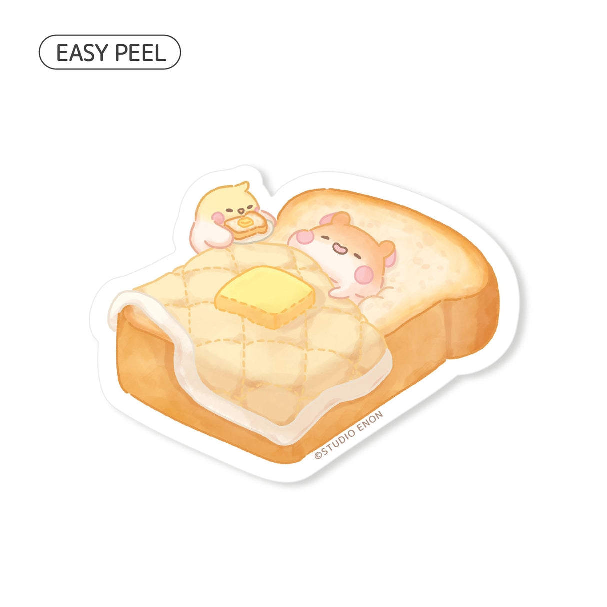 Muffinmaru about to enjoy a nice breakfast in bed that Devyegg prepared for him. The best way to start your day is with some toasty bread. The matte coating on this sticker gives it a premium soft touch and the backing paper is cut for an easy peeling experience.
Dimensions: 2.5” x 1.8” (6.3cm x 4.7cm)
Material: PP
Waterproof