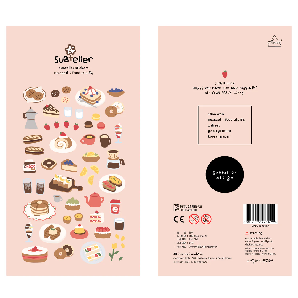 Celebrate your love of delicious eats with the Food Trip #4 sticker sheet from Suatelier. Filled with charming illustrations of tasty treats and foodie moments. Known for their soft colors and playful aesthetic, Suatelier stickers add an instant dose of warmth and whimsy wherever you place them.
• This package includes 1 sheet of sticker
• Package measures approx. 8" x 3.5"