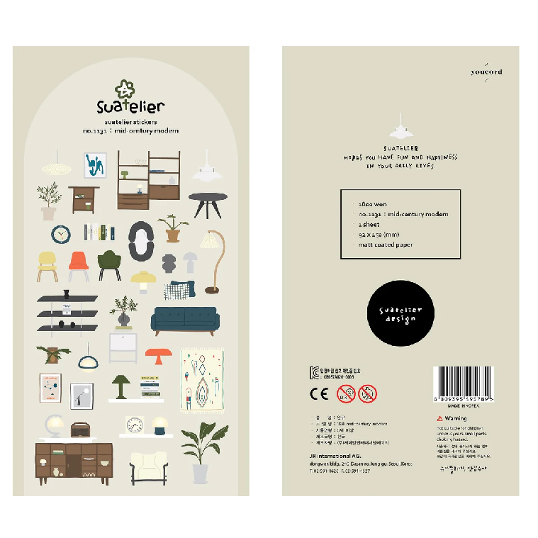 A charming Mid-Century Modern sticker sheet featuring retro furniture, lighting, and decor in warm, earthy tones. Perfect for adding a stylish vintage touch to journals, laptops, and planners.
• This package includes 1 sheet of sticker
• Package measures approx. 8" x 3.5"