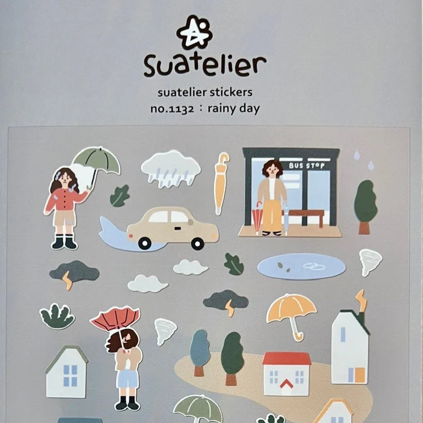 Add a soft, cozy touch to your journal or planner with this charming Rainy Day sticker sheet from Suatelier. Featuring gentle colors and whimsical illustrations, this sheet captures the peaceful mood of drizzly days.
• This package includes 1 sheet of sticker
• Package measures approx. 8" x 3.5"