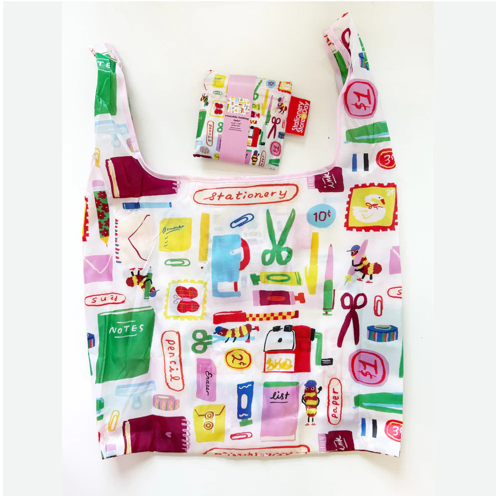 Stationery Store Day 2026
Polyester foldable tote with art by Karen Schipper
Bag is 14.25" W x 3.25" D x 22.5" H with a 6.7" handle drop.
Folds into pouch appx 4.25".
Pink trim and cute SSD tag!