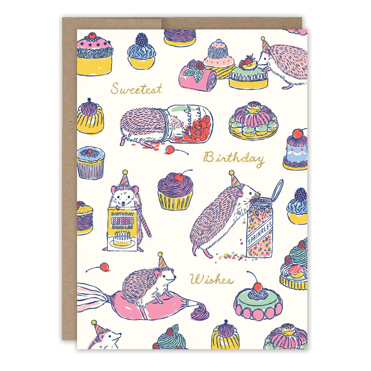 Sweet Treats Hedgehog Birthday Card
Inside verse: Wishing you a day full of all the things you love
• Gold foil details
• Illustrated by Emily Taylor
• Size: A6, 4.5" x 6.25"
• Paired with a Kraft envelope
• Printed in the USA on beautiful FSC-certified 10% post-consumer waste recycled paper.
About The Artist: Emily Taylor draws and daydreams from her studio in a tiny town north of Toronto, Canada. Her work is best known for its feel of modern nostalgia, its painterly linework and joyful colors
