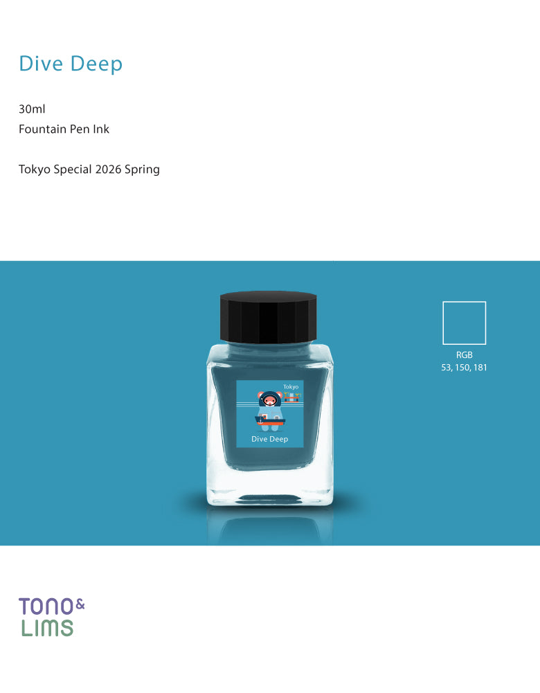 Dive Deep Ink
The Tokyo Special 2026 Collection inks are inspired by the essence of Tokyo and were released as a Tokyo exclusive in the Spring of 2026.
RGB: 53, 150, 181
Blue
30ml