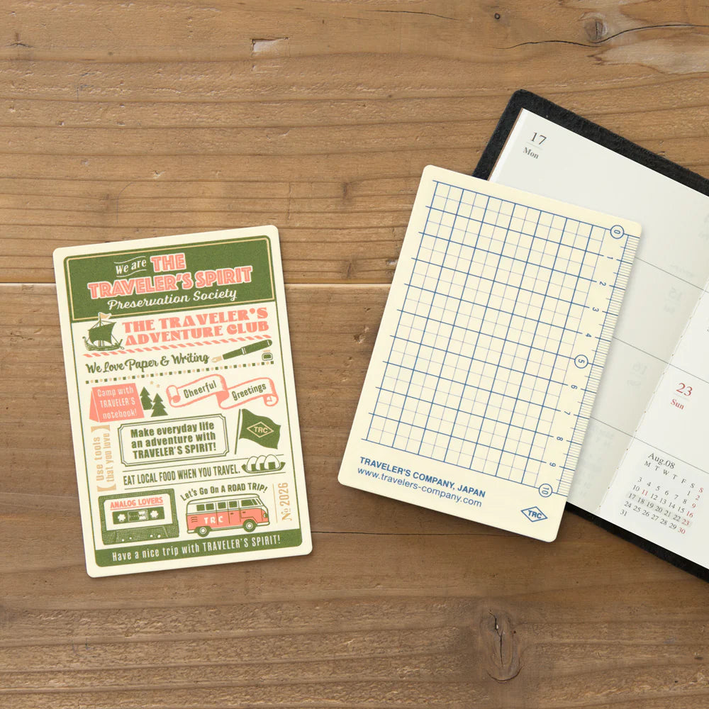 Plastic Sheet (or underlay sheet) is designed to let you write standing up by providing a sturdy surface underneath your page. This Plastic Sheet can be used with the Passport Size TRAVELER'S notebook. You can also use it as a bookmark to instantly open to a certain page. The stiff material of the sheet can help you draw straight lines as if it were a ruler.
The theme of the 2026 edition is THE TRAVELER'S SPIRIT, designed to reflect the spirit of the traveler.