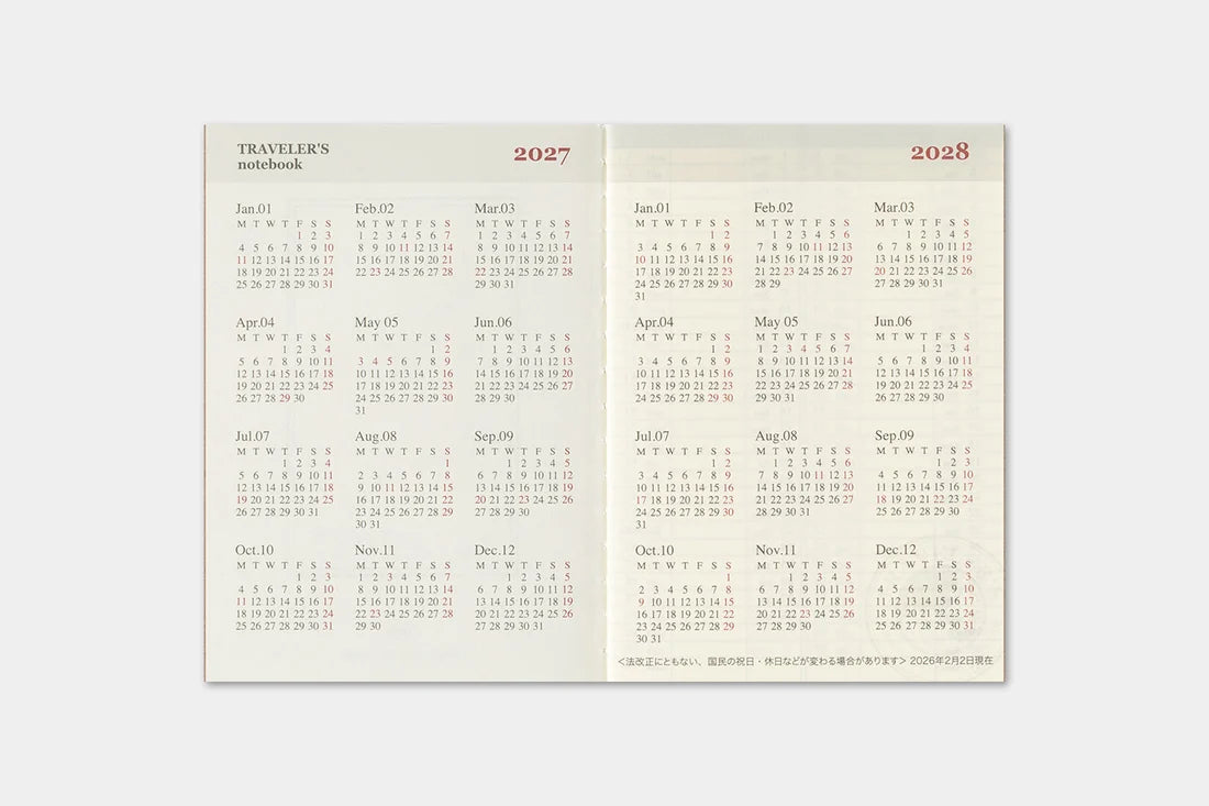 TRAVELER'S notebook 2027 Weekly Diary (Passport Size)
Welcome the upcoming year in high spirits with TRAVELER'S notebook 2027 Diary lineup where each notebook becomes unique by adding your personal flare!