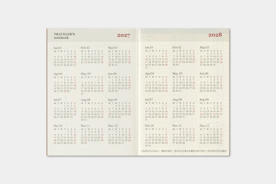 TRAVELER'S notebook 2027 Weekly Diary (Passport Size)
Welcome the upcoming year in high spirits with TRAVELER'S notebook 2027 Diary lineup where each notebook becomes unique by adding your personal flare!