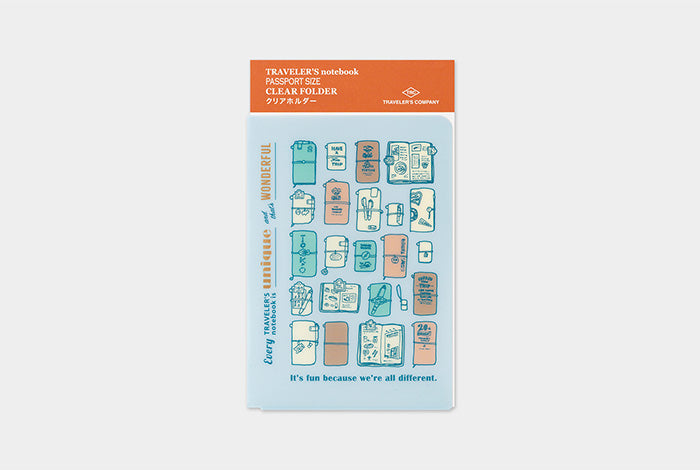 This clear folder features TRAVELER's theme for the year in which "Every TRAVELER'S notebook is unique and that's wonderful." Use this folder to hold stickers, business cards, tickets, stamps, and other scraps you may come across during your travels!