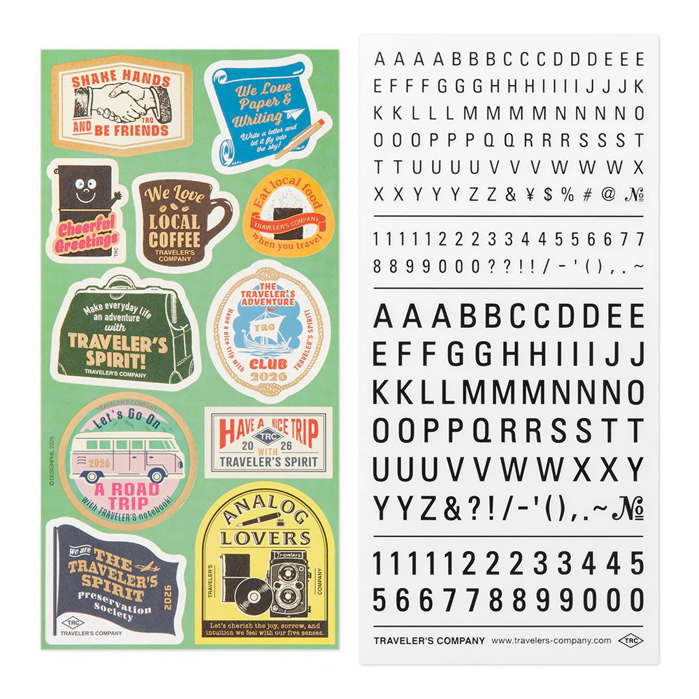 This is a sticker set for customizing TRAVELER’S notebook that makes it more fun, including index and pocket stickers, icon stickers to represent different plans, dry transfer, and stickers to decorate the cover. The 2026 version features a design with a theme of “TRAVELER'S SPIRIT"
You can customize the cover of the 2026 diary or other notebooks with stickers of analog motifs. Have a good trip with THE TRAVELER'S SPIRIT in 2026.